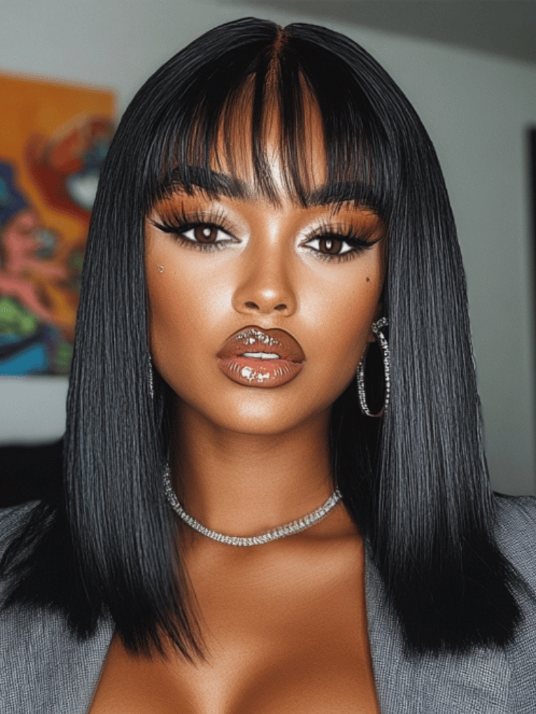 UNice 2x4 Lace Closure Yaki Straight Bob Wig with Chinese Bangs 150% Density
