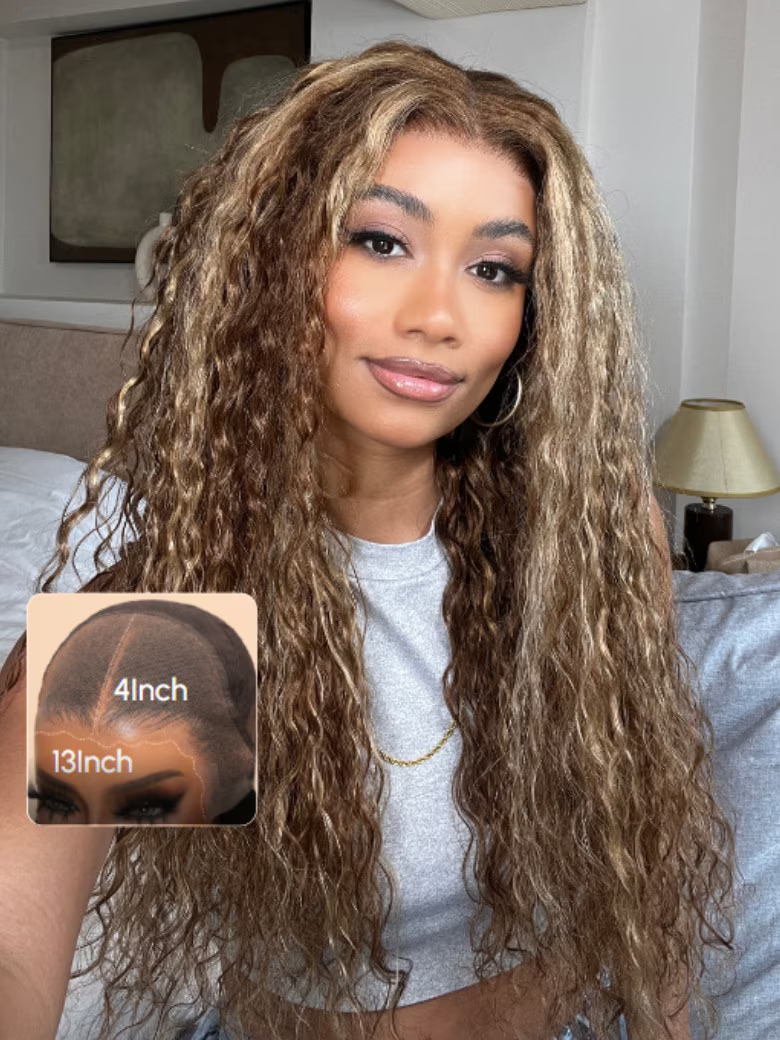 24'' UNice Honey Blonde Highlighted 13x4 Transparent Lace Front Water Wave Wig 180% Density