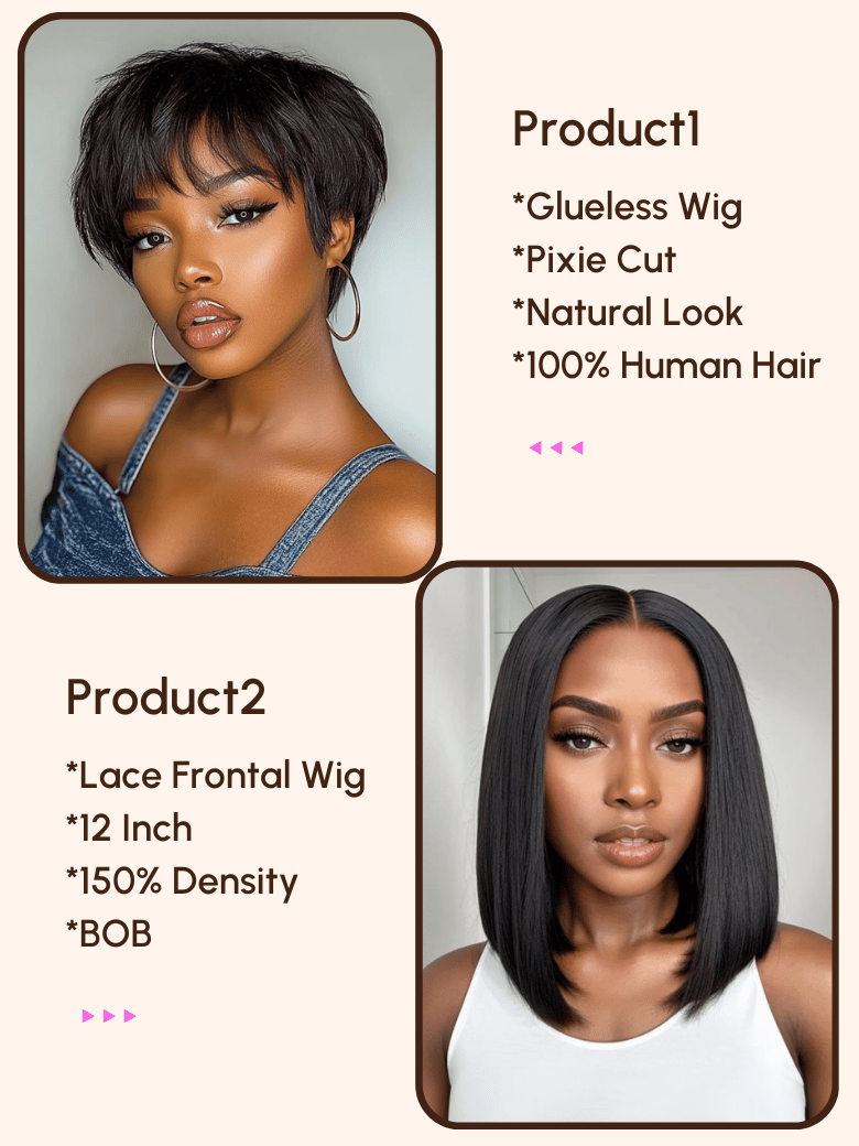 2 Wigs $99 for 12"" Lace Frontal Short Bob Wig and Short Pixie Cut Human Hair Glueless Wig