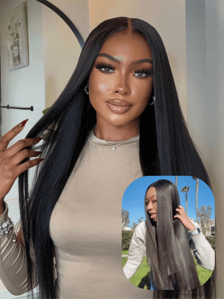 UNice Bye Bye Knotsâ¢ Wig 7x5 Glueless Lace Black Yaki Straight Wig With Elastic Drawstring 360 Cozy Hug 150% Density