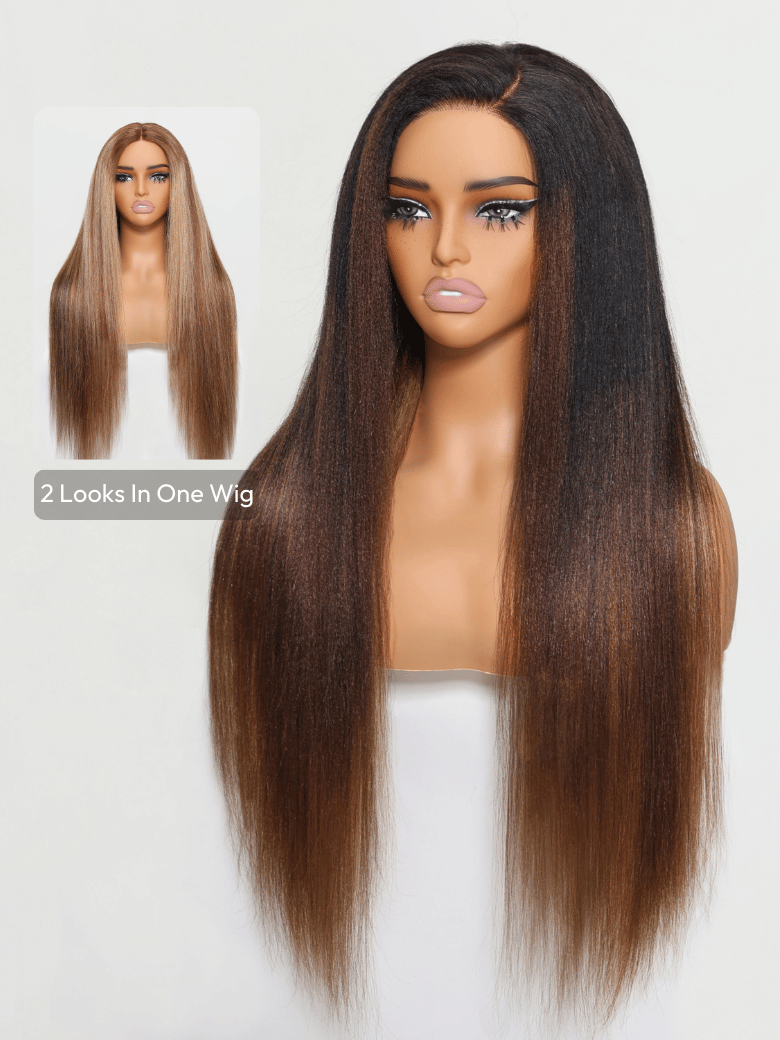 Double Wear 4x4 Yaki Straight Wig Ombre Chestnut Brown & Honey Blonde Higlight 2 Styles In 1 Put On And Go Wig