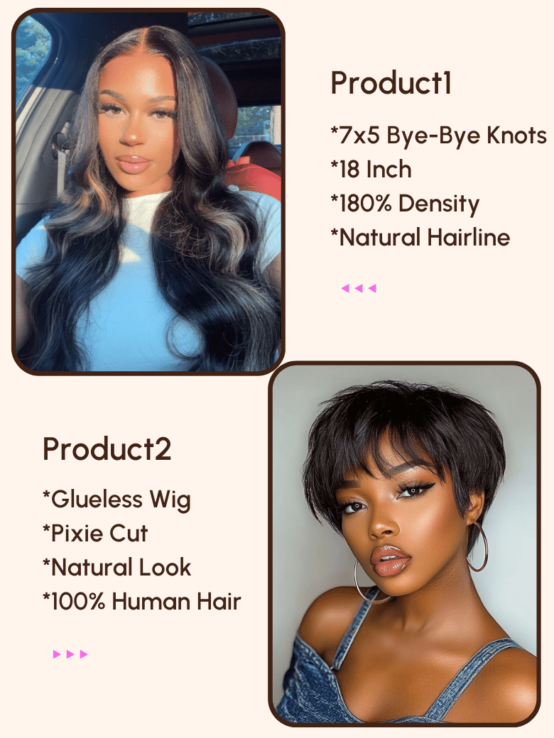 2 Wigs $119 for 18"" 180% Density 7x5 Bye-Bye Knots Wig and Pixie Cut Glueless Wig