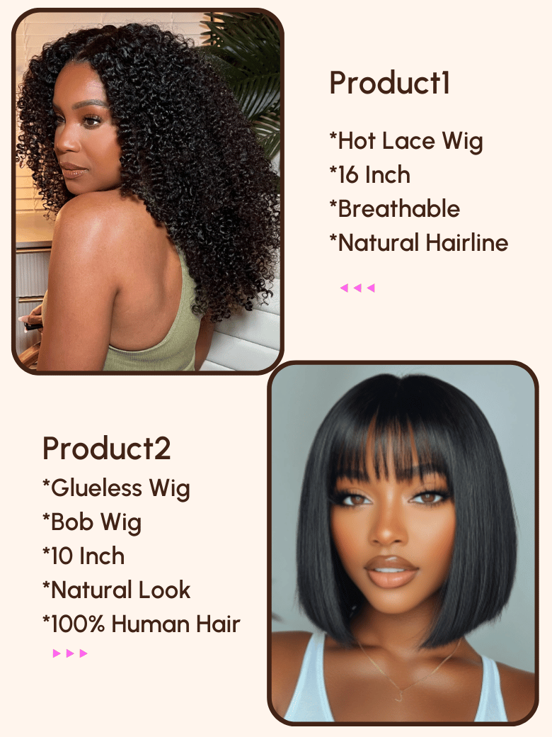 $99=2 Wigs | 16″ Lace Part Kinky Curly Wig and 10″ Bob Wig with Bang