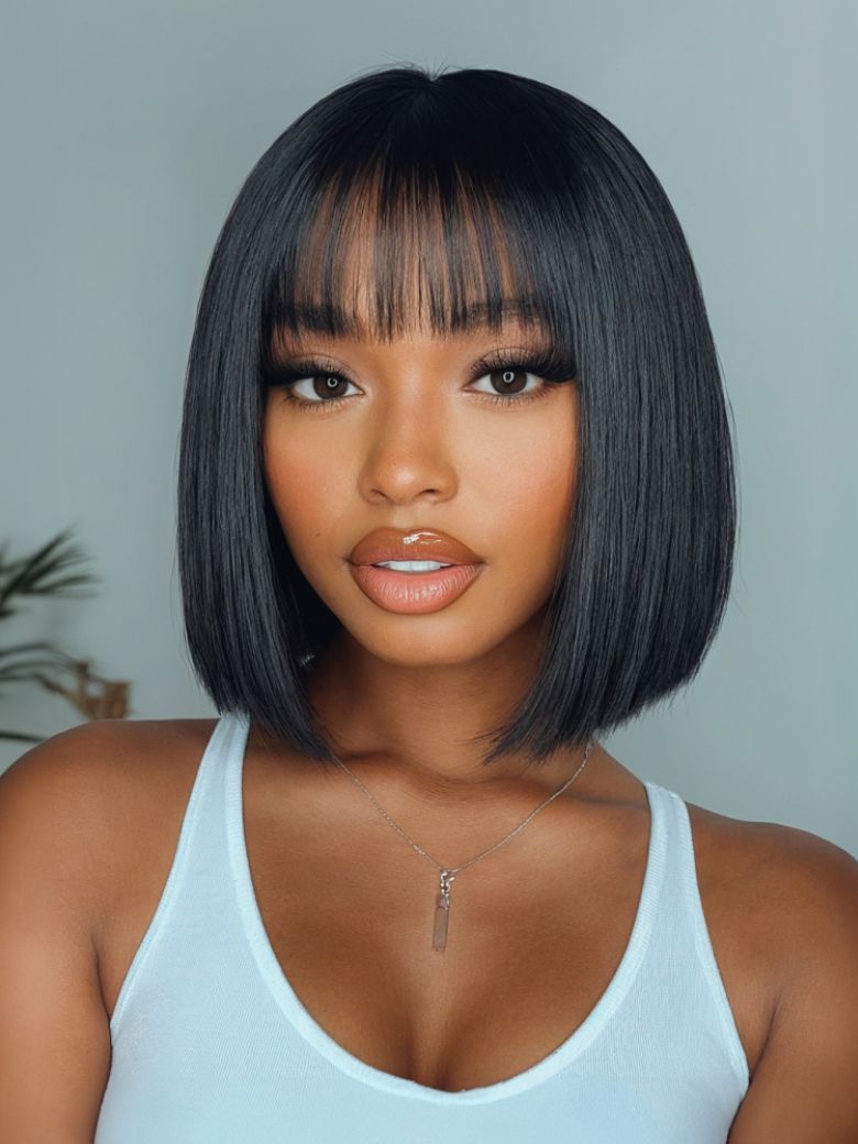 UNice Straight Bob Black Wig Human Hair Glueless Wig with Blunt Bangs 150% Density