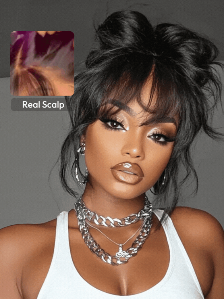 [16"-26"] 7x5 Bye-Bye Knots™ Lace 180% Density Fluffy Natural Loose Wave Curtain Bangs Wig