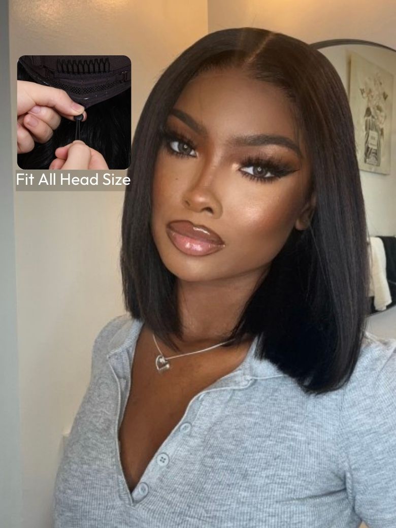UNice 7x5 Bye Bye Knotsâ¢ Glueless Lace Black Yaki Drawstring Bob Bleached Knots Wig