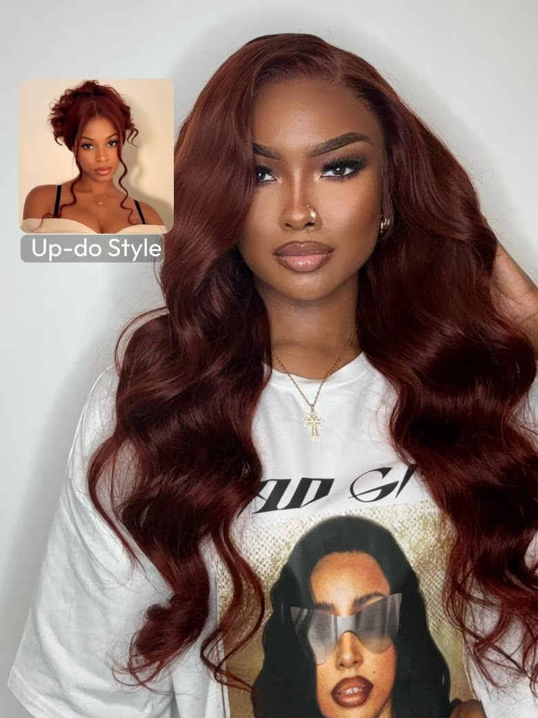 UNice 7x5 Bye Bye Knots Wig Glueless Lace Reddish Brown Body Wave Bleached Knots Bouncy Wig