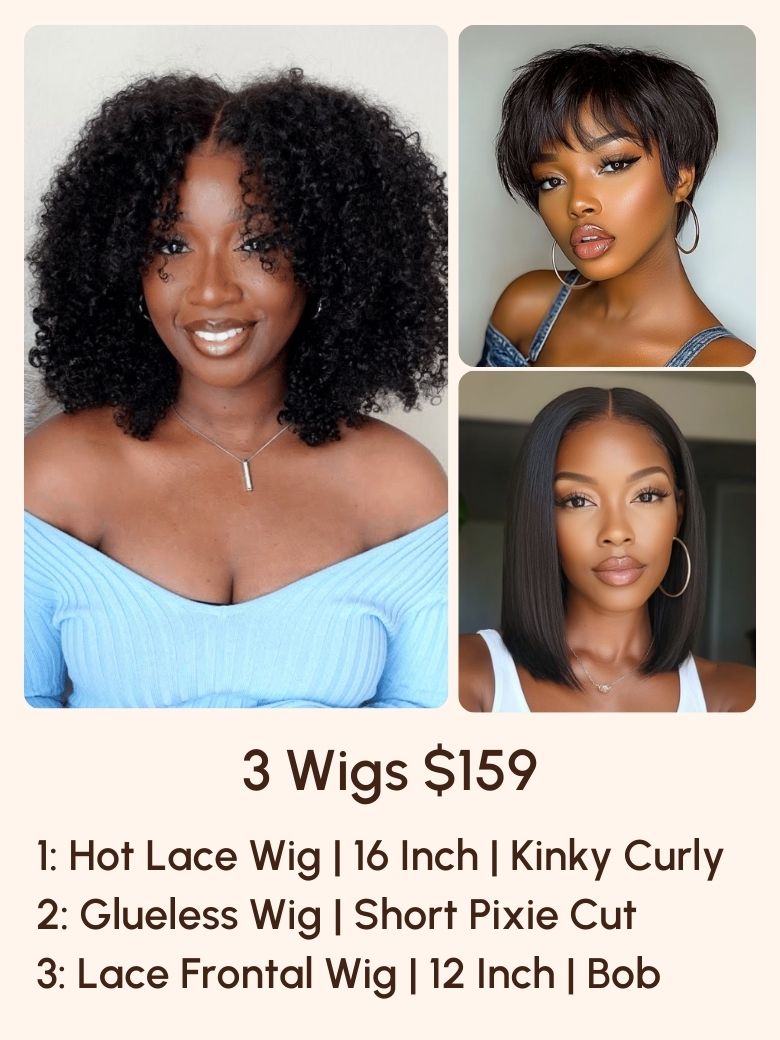 3 Wigs $159 for 16"" Hot Lace Wig and 12"" Bob and Glueless Wig