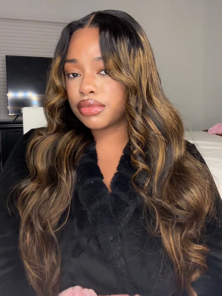 16" Balayage Highlight Lace Frontal Wig T Part Breathable Cap Body Wave Wig