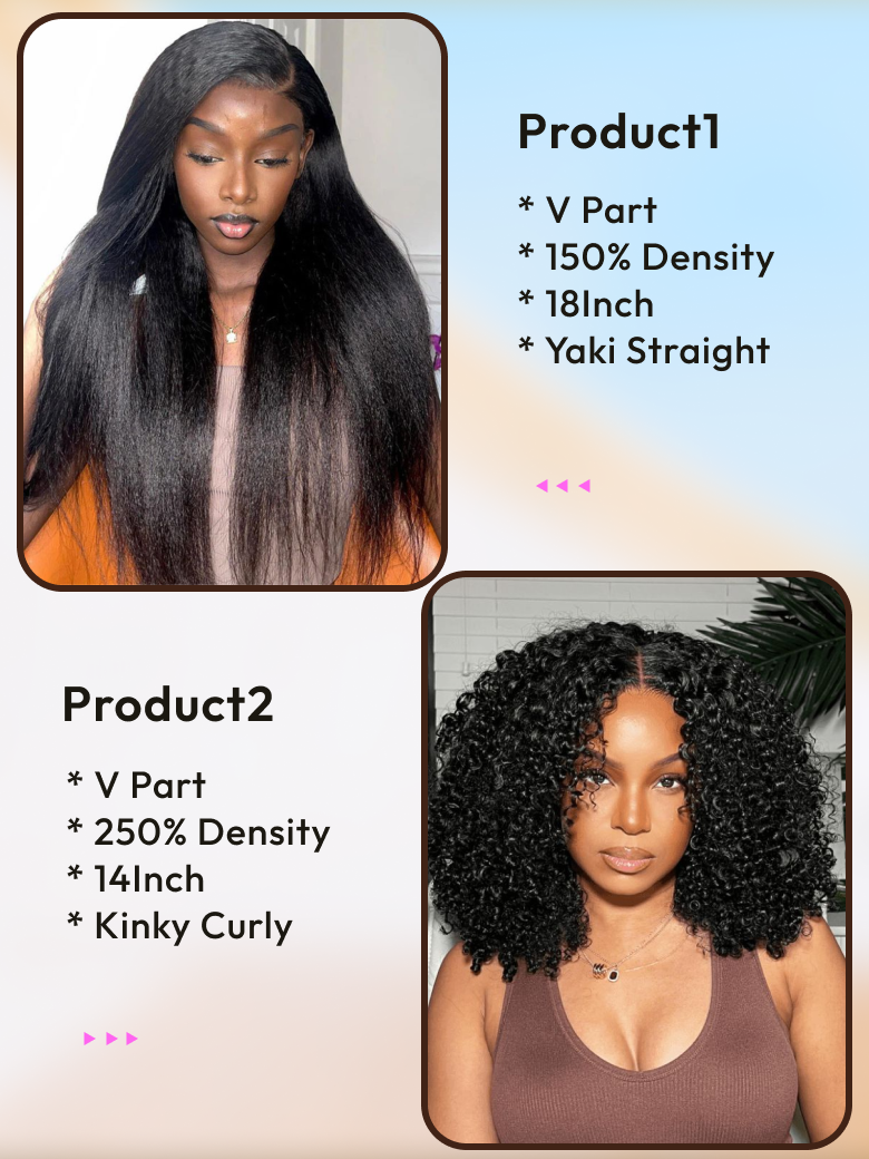 2 Wigs $209 for 18"" U Part Yaki Straight Hair And 250% Density 14"" V Part Kinky Curly Wig