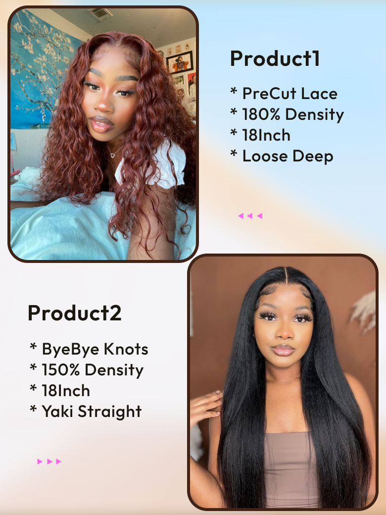 2 Wigs $179 for 18"" Pre-Cut 4x4 Lace Reddish Brown Loose Deep Wave and 18"" Byebye Knots Yaki Straight Hair Wig