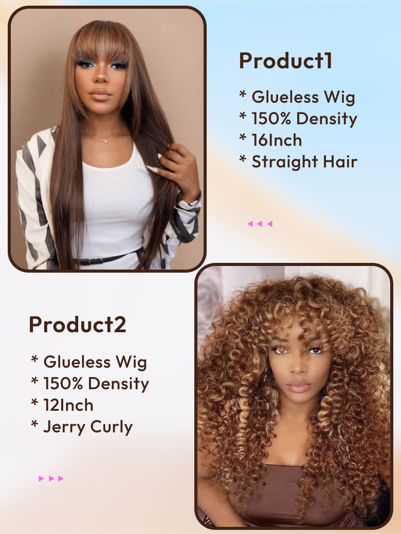 2 Wigs $156 for 16"" Straight Hair with Bang and Highlight 12"" Short Curly Wig