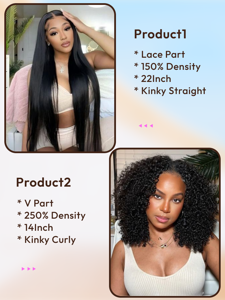2 Wigs $185 for 22"" Middle Lace Part Kinky Straight Hair And 250% Density 14"" V Part Kinky Curly Wig