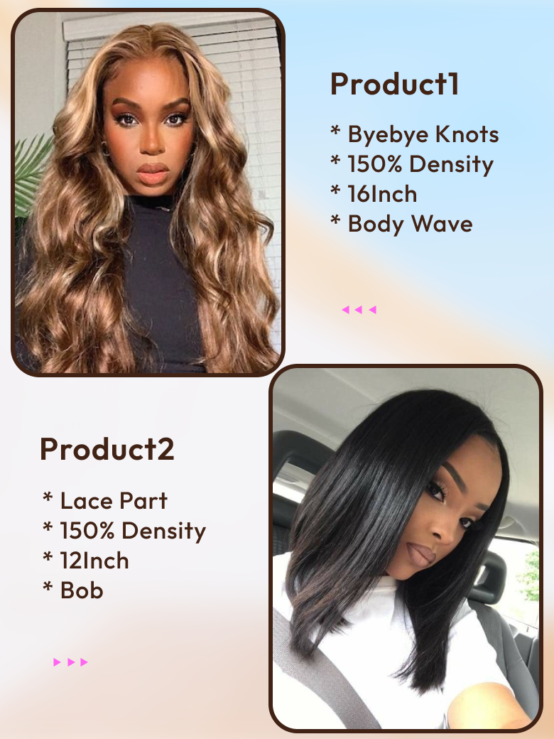 2 Wigs $155 for Byebye Knots 7x5 Glueless Honey Blonde Body Wave 16"" and 13x5 Lace Part Bob Wig 12""