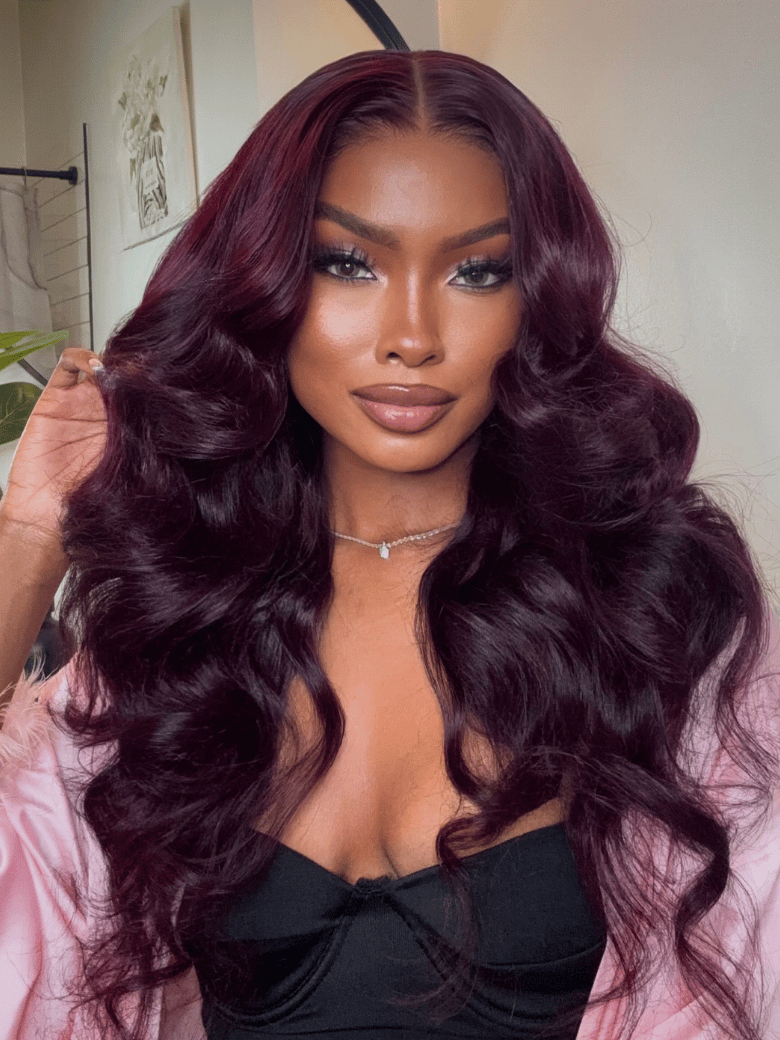 24 Inch 180% Density 7x5 Bye-Bye Knots Lace Frontal Layered Straight Purple Black Cherry Drawstring Wig