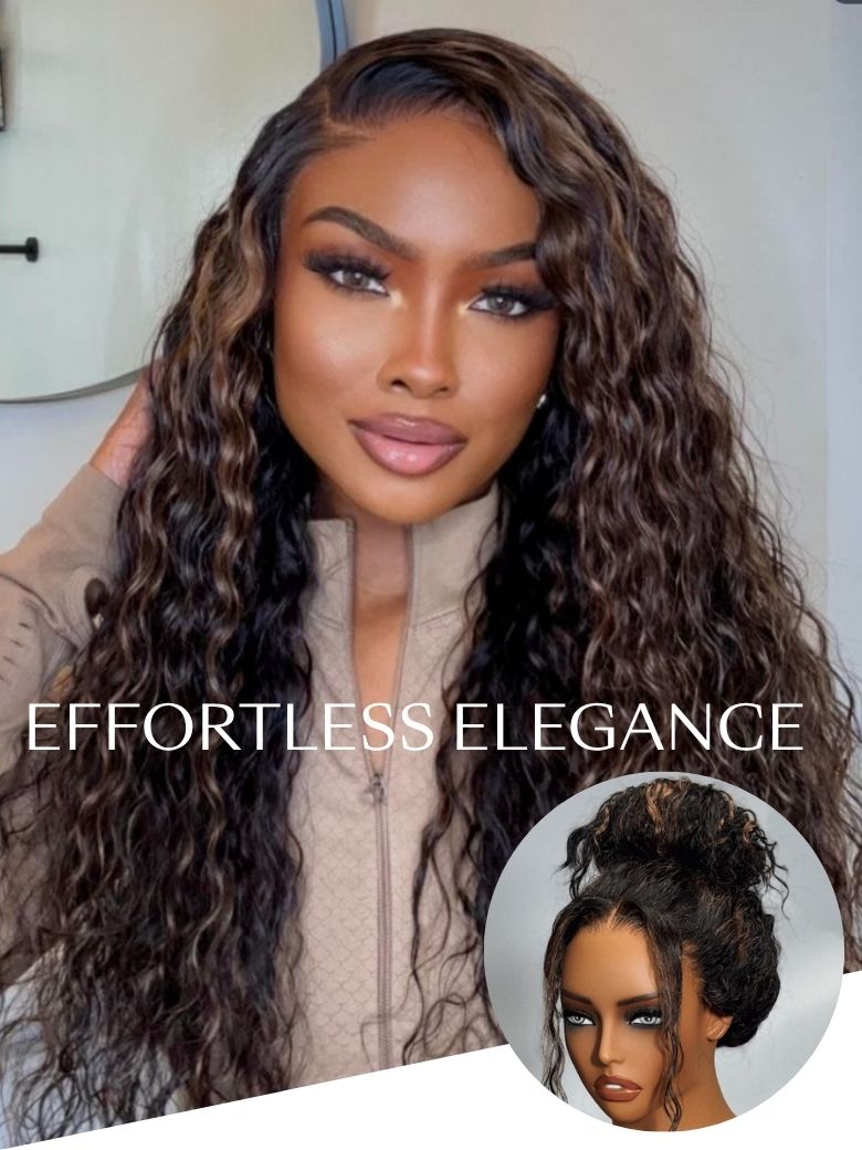[18"-24"] 7x5 Bye-Bye Knots Lace Water Wave Black Wig With Golden Brown Highlights
