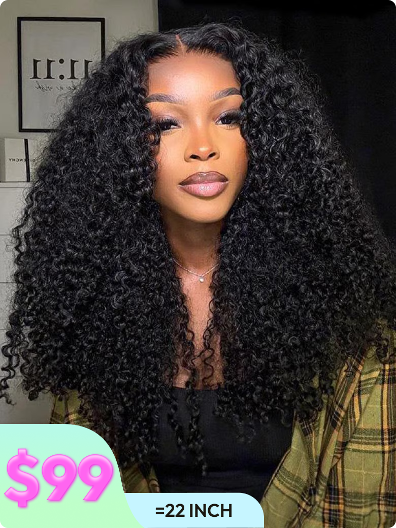 [22""=$99] Kinky Curly Super Bouncy Middle Part Lace Natural Black Human Hair Wigs