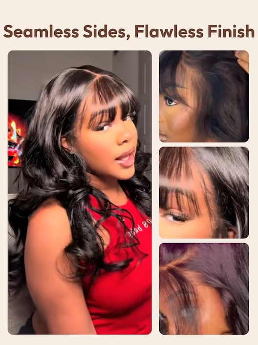7×5 Bye-Bye Knotsâ¢ Lace Pull And Go Black Fluffy Natural Loose Wave Curtain Bangs Seamless Sides Wig With Invisi Drawstring 180% Density