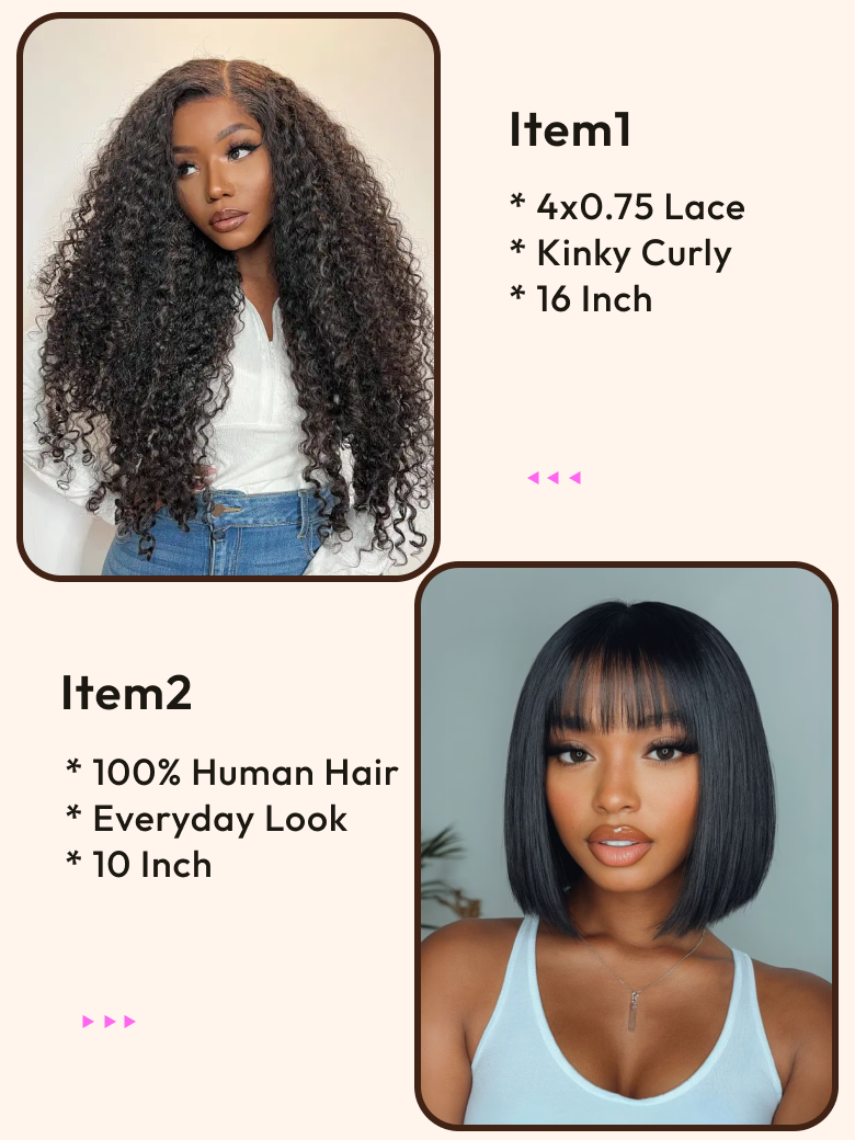 2 Wigs $99 for 16"" Kinky Curly Lace and 10"" Bob Wig