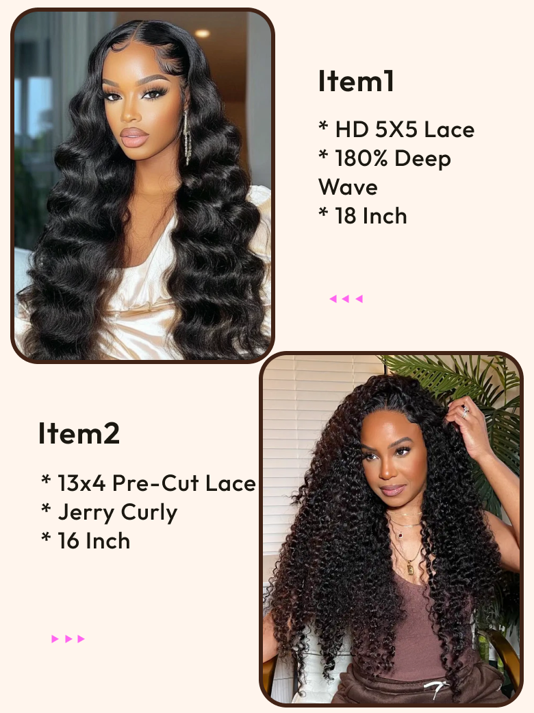 2 Wigs $199 for HD 5X5 Lace 180% Density Deep Wave 18"" And 13x4 Lace Frontal Put On & Go 16"" Curly Wigs