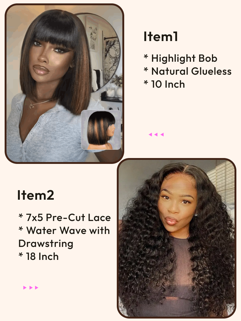 2 Wigs $195 for 7x5 Bye Bye Knots Water Wave 18"" With Drawstring And Highlight Glueless Bob Wigs