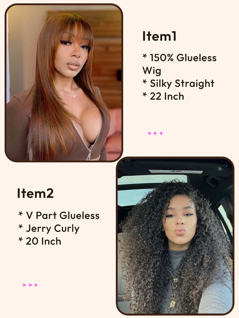2 Wigs $209 for Chestnut Brown Straight 22"" And V Part Jerry Curly 20"" Wigs