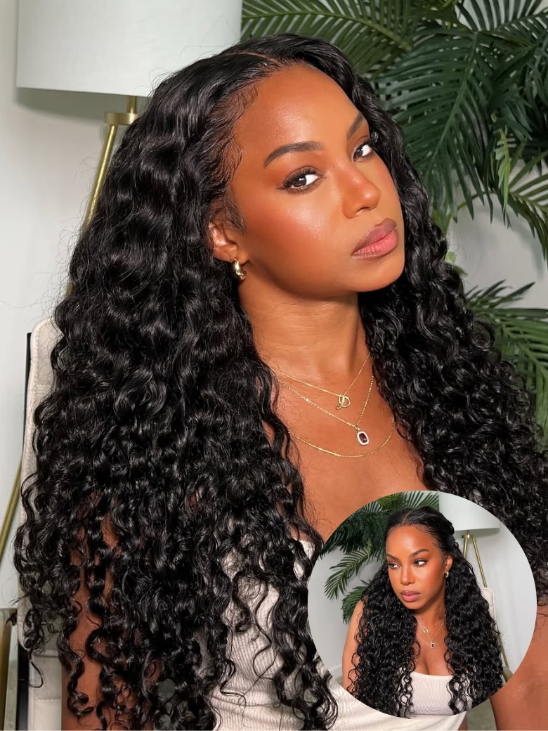 [New In] 13x4 Pre-Everythingâ¢ Lace Frontal & 7X5 Lace Natural Black Bouncy Water Wave Curly Drawstring Wig Perfect For Summer Look