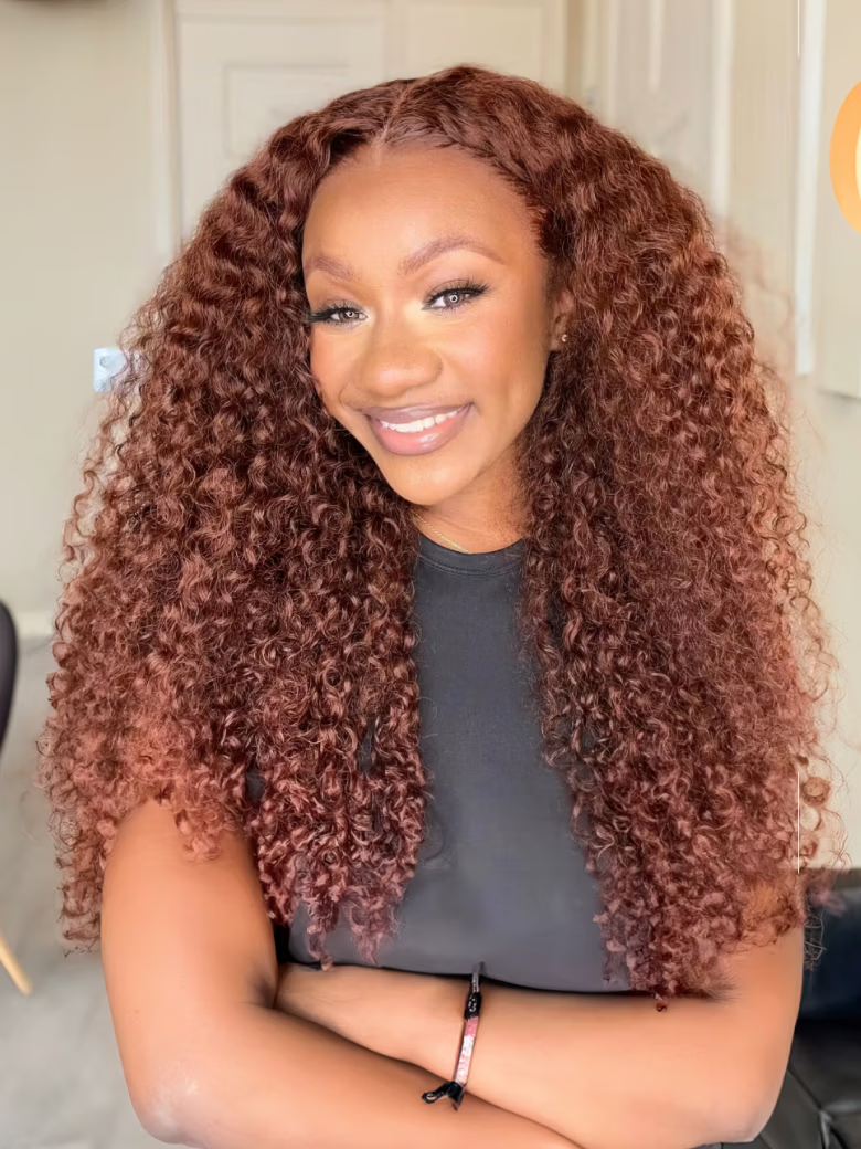 [18"" & 22"" Same Price] 13x4 Frontal Large Lace Reddish Brown Kinky Curly Bleached Knots Wig