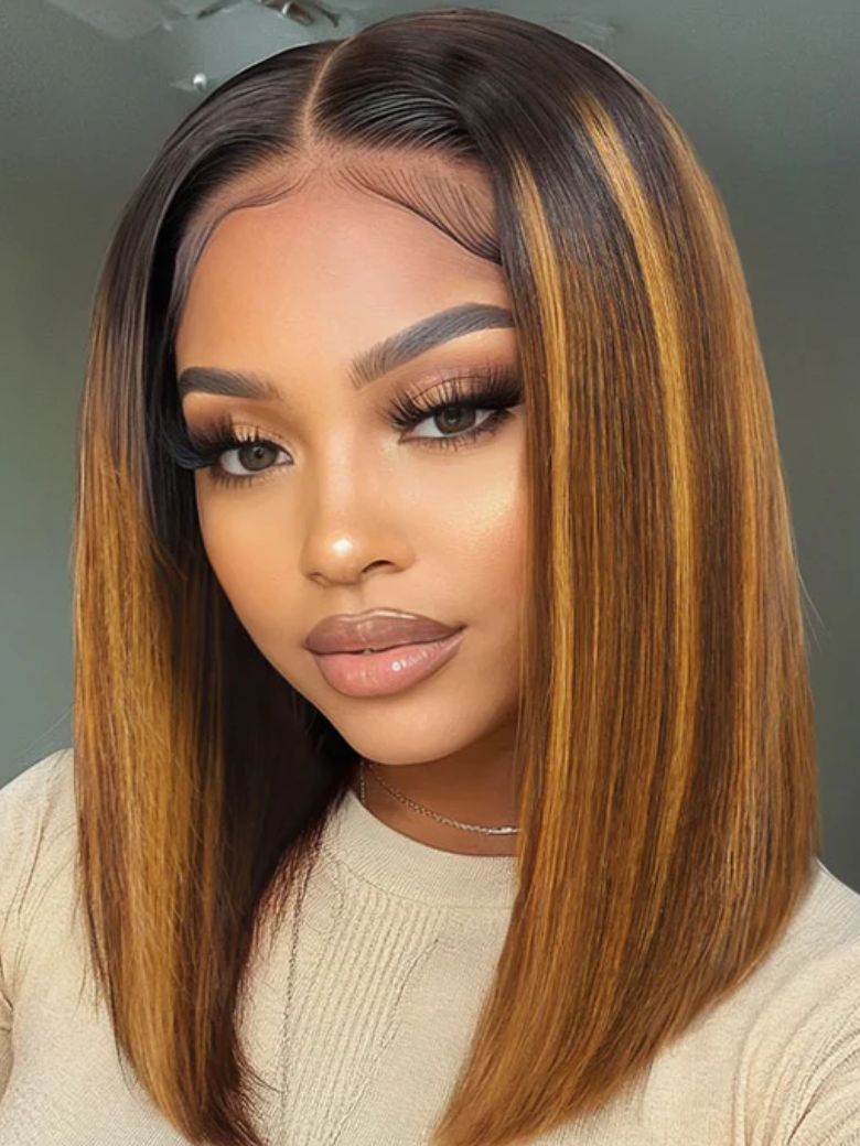 7x5 Bye-Bye Knots Lace Brown With Blonde Piano Highlights Blunt Bob Wig with Dark Roots