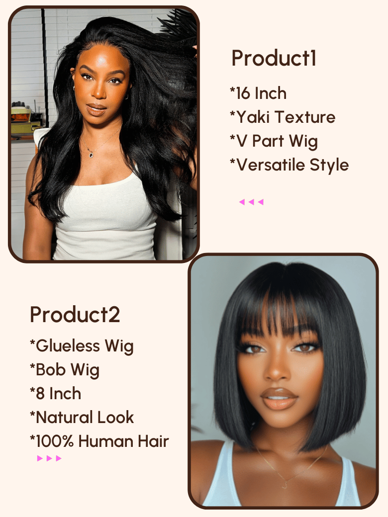 $129=2 Wigs | 16 Yaki V Part Wig and 8 Bob Wig with Bang
