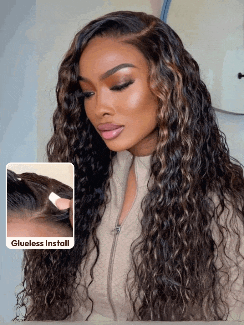 UNice Bye-Bye Knots 7x5 Lace Water Wave Black Wig With Golden Brown Highlights Natural Black 150 Density Perfect Beach 161$