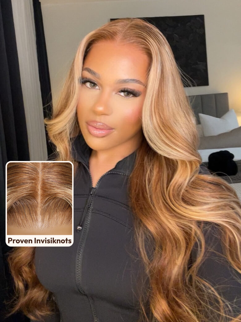 180% Density 7x5 Bye-Bye Knots Wig Pre-Cut Glueless Lace Honey Blonde Body Wave Wig With Bleached Clean Knots