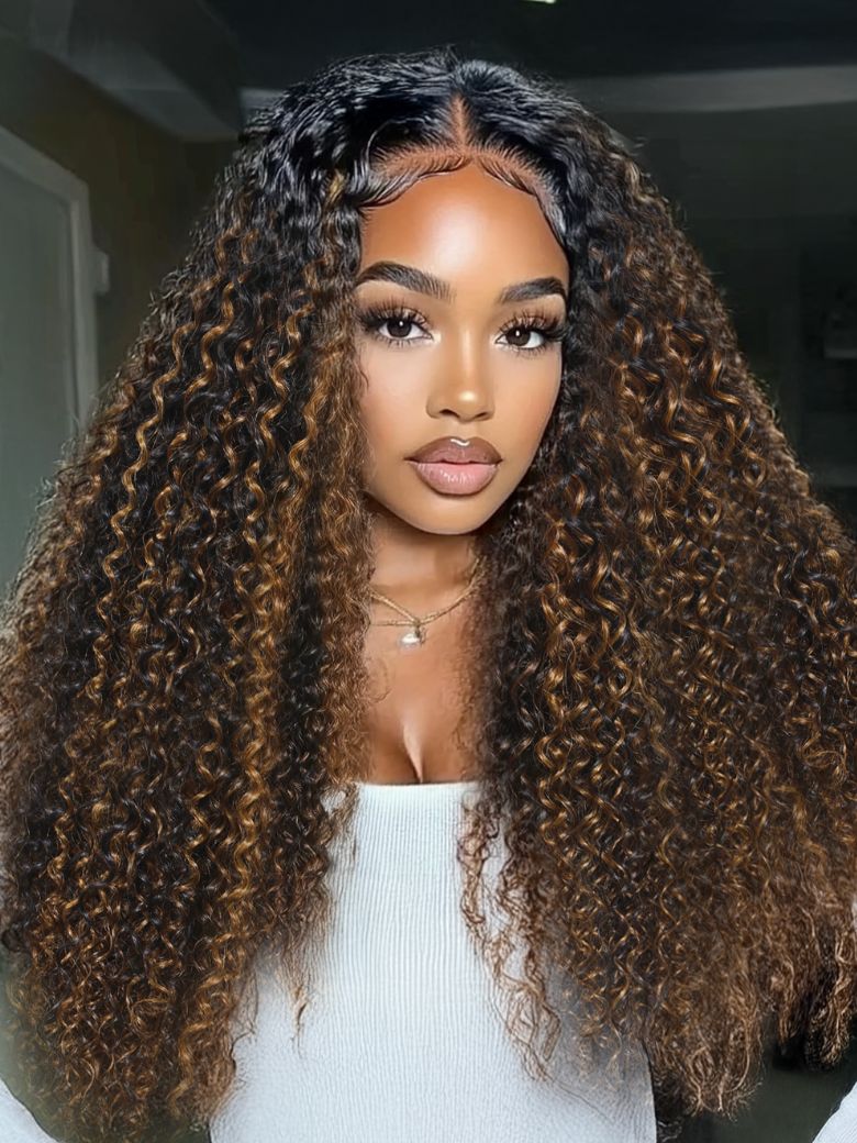 [16''=$99] UNice EasiContourâ¢ V Part Brown Highlights with Dark Roots Jerry Curly Drawstring Glueless Wig