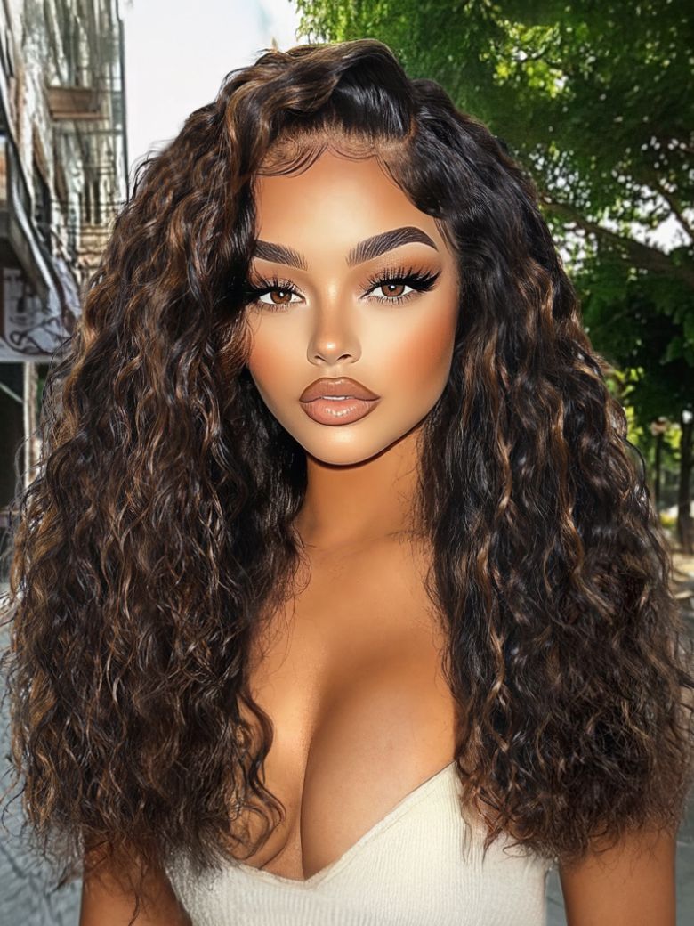 UNice Bye-Bye Knots 7x5 Lace Water Wave Black Wig With Golden Brown Highlights & Natural Black 150% Density Perfect Beach Look for Summer