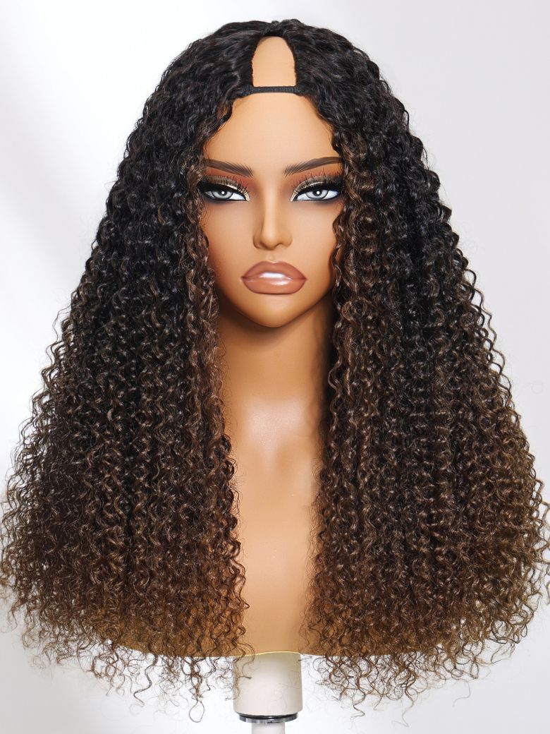 UNice EasiContour V Part Black to Chestnut Brown Jerry Curly Drawstring Wig 150 Destiny Protect Your Natural Hair 104$