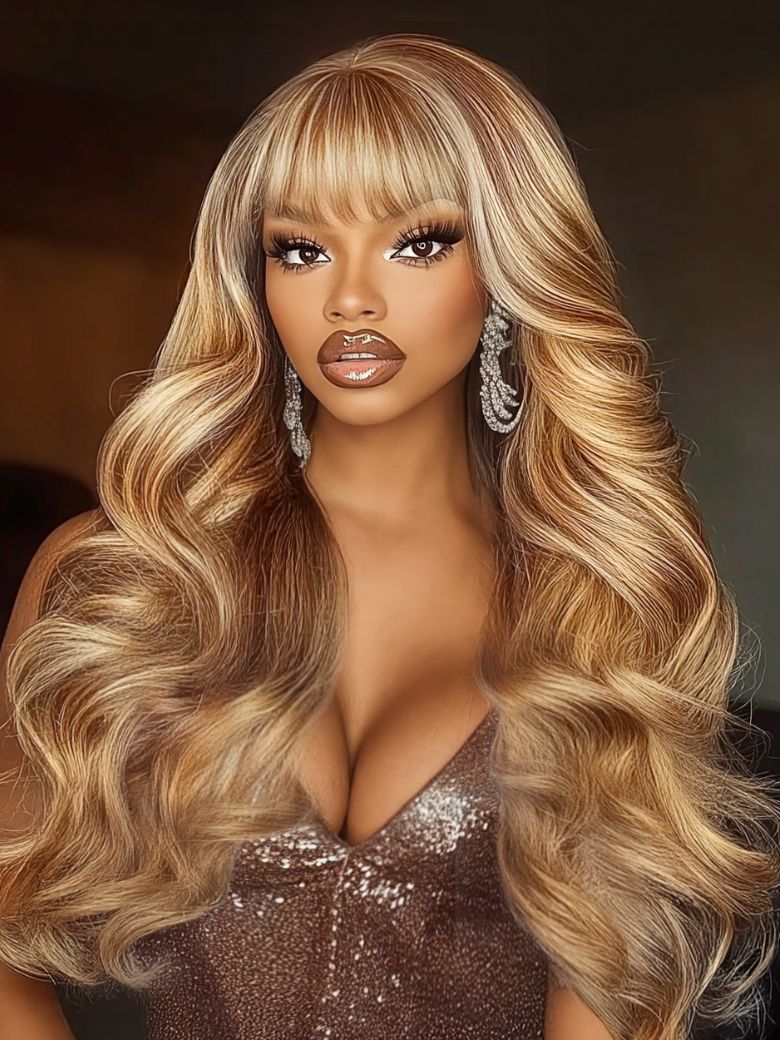 Honey Blonde Highlights Fluffy Loose Wave Full Bangs 13x4 Pre-Everythingâ¢ Lace Frontal Wig