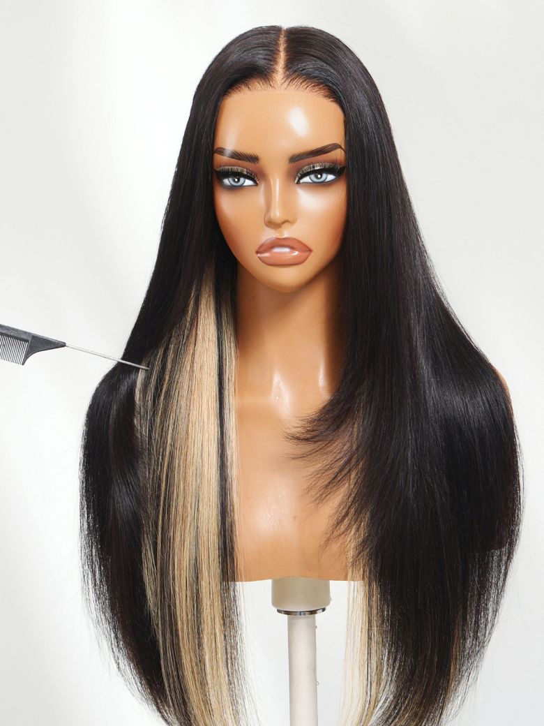 UNice Bye-Bye Knotsâ¢ 7x5 Lace Black with Blonde Peekaboo Highlights Layered Straight Wigs with Invisi Drawstring 150% Density
