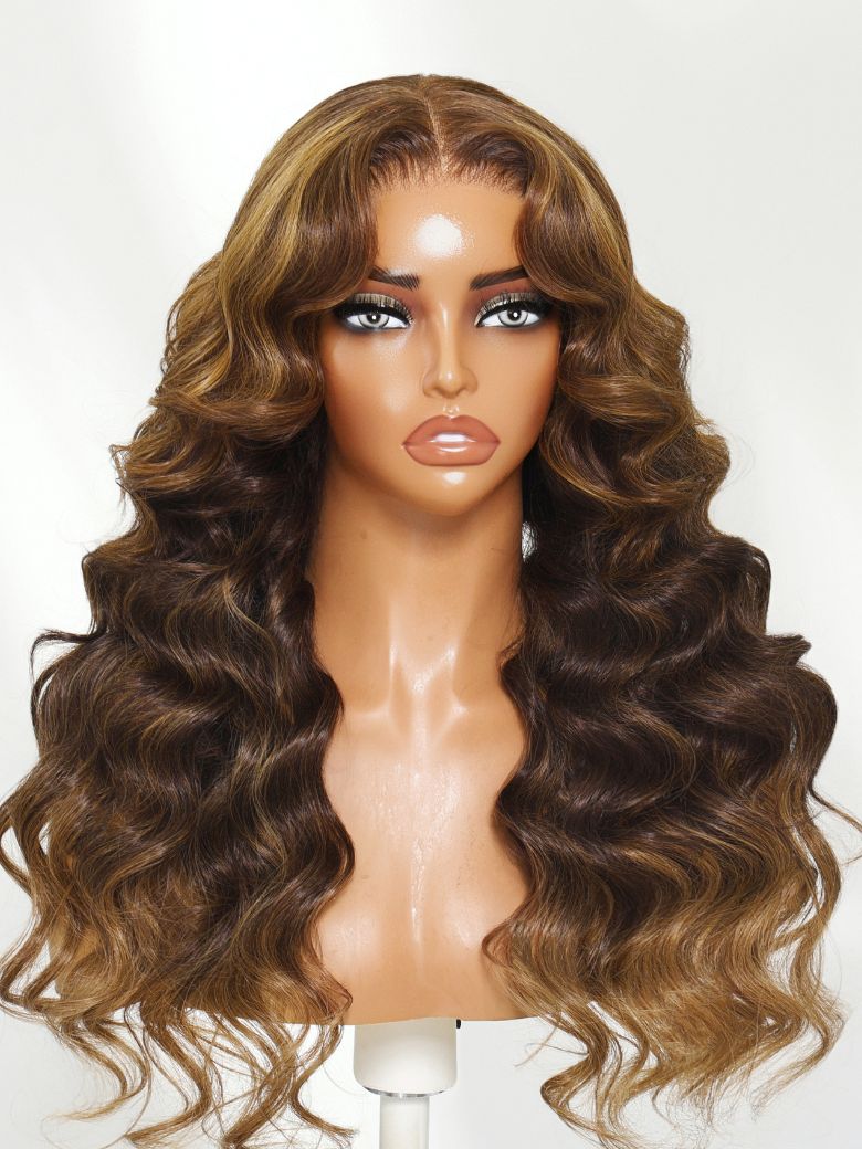 UNice 13x4 Pre-Everything Lace Frontal Brown Balayage Loose Wave Glueless Drawstring Wig with Layered Curtain Bangs 199$