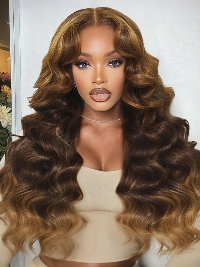 UNice 13x4 Pre-Everythingâ¢ Lace Frontal Brown Balayage Loose Wave Glueless Drawstring Wig with Layered Curtain Bangs