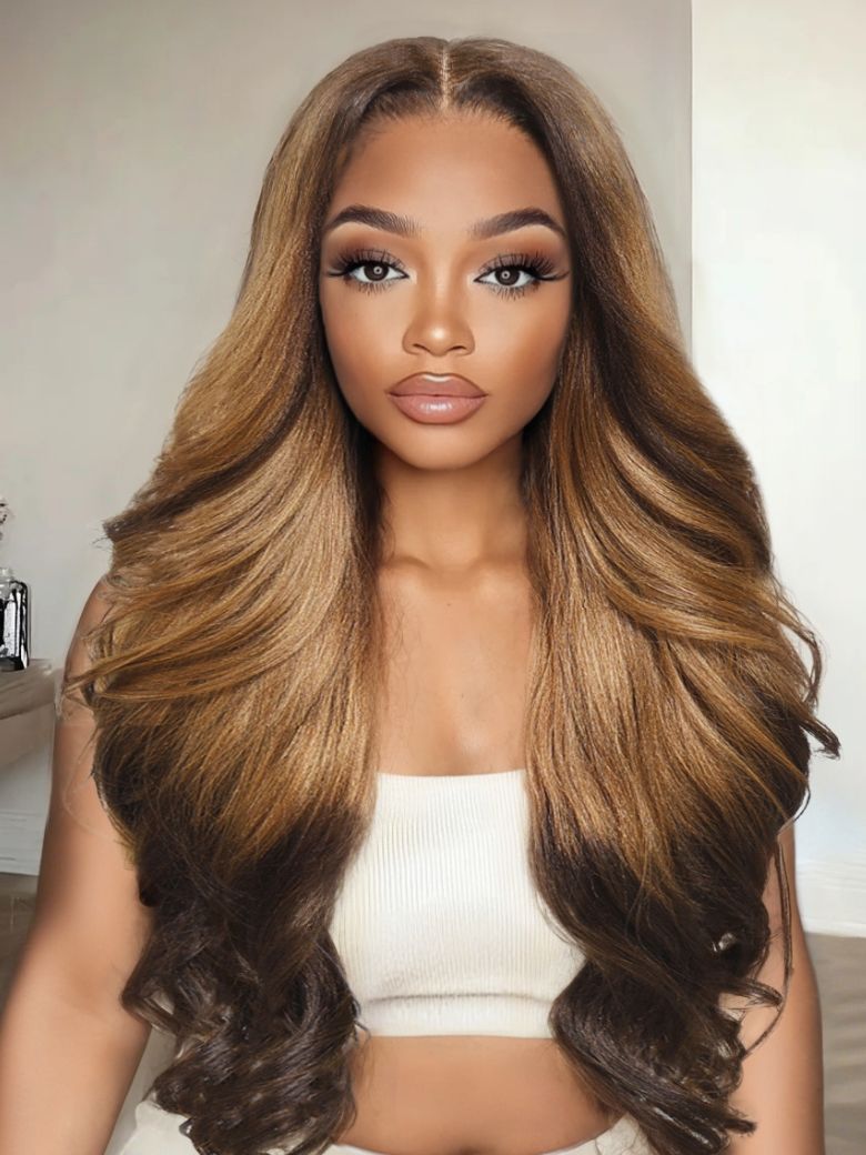 UNice 13x4 Pre-Everythingâ¢ Lace Frontal Caramel To Dark Brown Reverse Ombre Yaki Glueless Drawstring Wig With Soft Layers