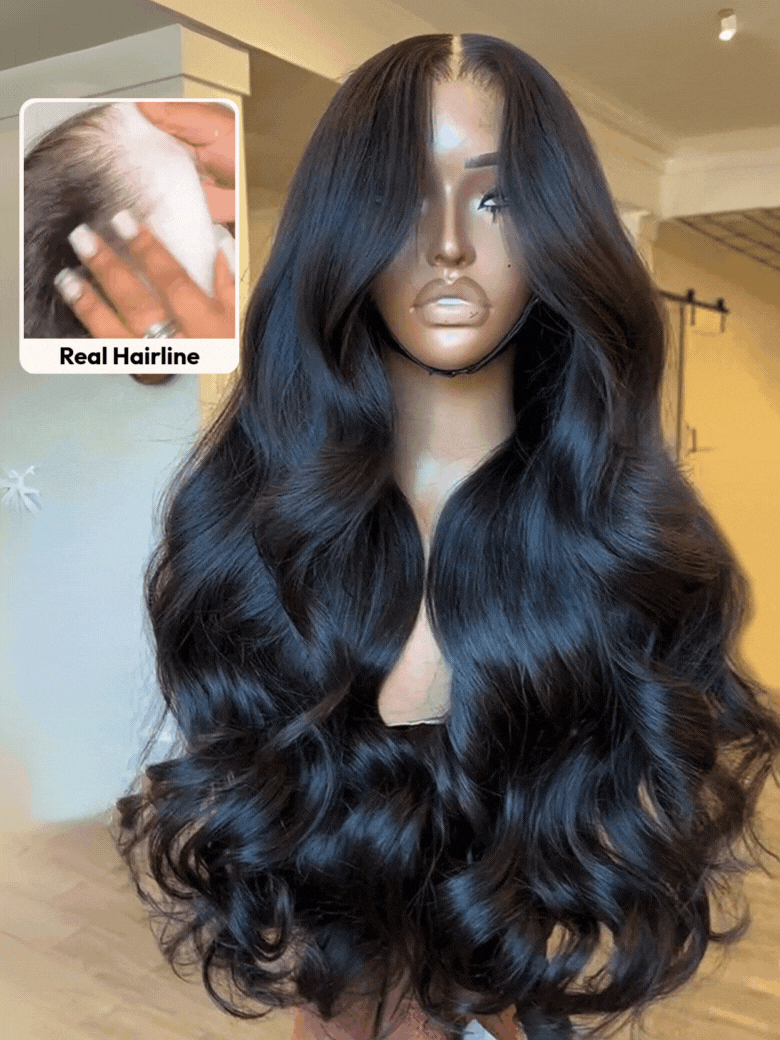 UNice HD Real Scalpâ¢ Wig 13x4 Invisible Lace Frontal Body Wave Black Wig & Wig With Face Framing Curtain Bangs With Invisi Drawstring