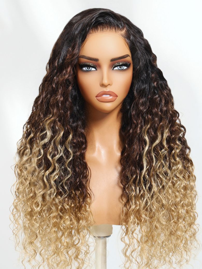 UNice Bye-Bye Knotsâ¢ 7x5 Lace Black to Brown to Blonde Ombre Water Wave Wig with Invisi Drawstring