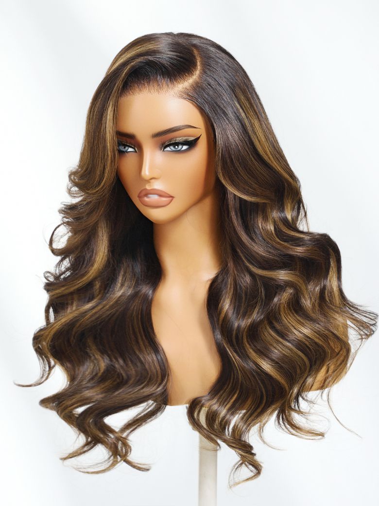 UNice Bye-Bye Knotsâ¢ 7x5 Lace Brown with Chocolate Caramel Highlights Body Wave Glueless Drawstring Wig