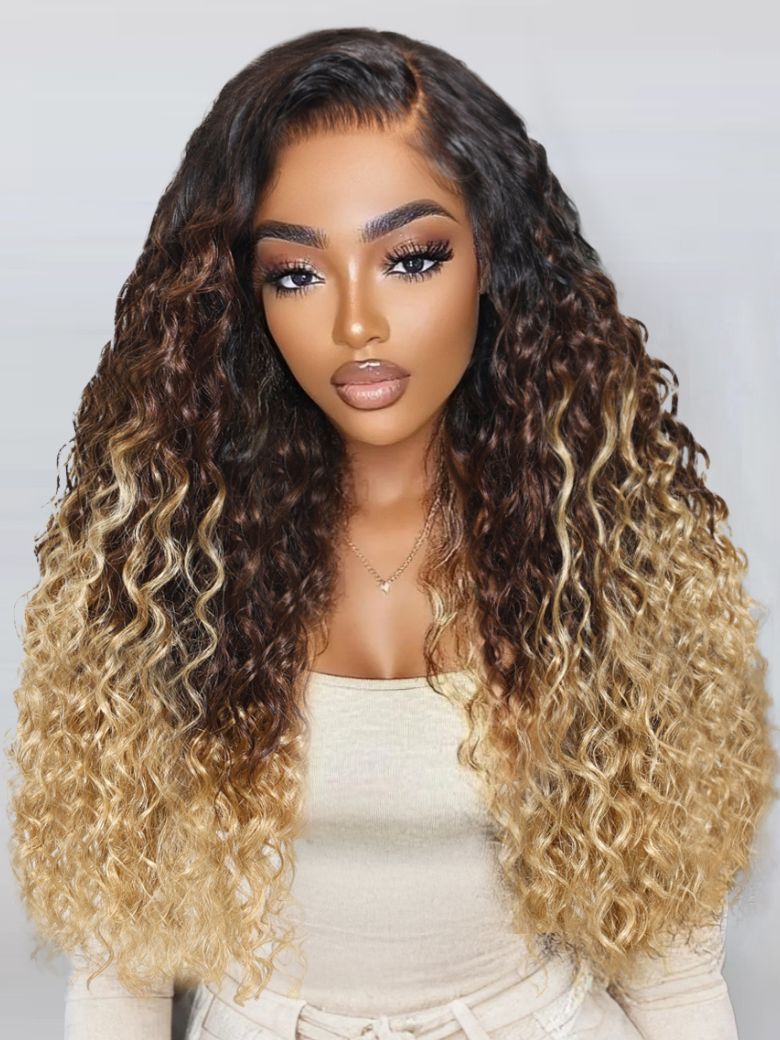 UNice Bye-Bye Knotsâ¢ 7x5 Lace Black to Brown to Blonde Ombre Water Wave Wig with Invisi Drawstring