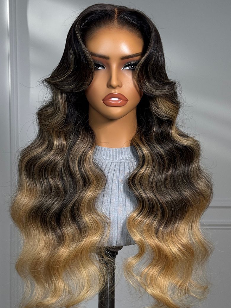 UNice Bye-Bye Knots™ Black With Blonde Highlights 7x5 Lace Loose Wave Wig With Face Framing Layers