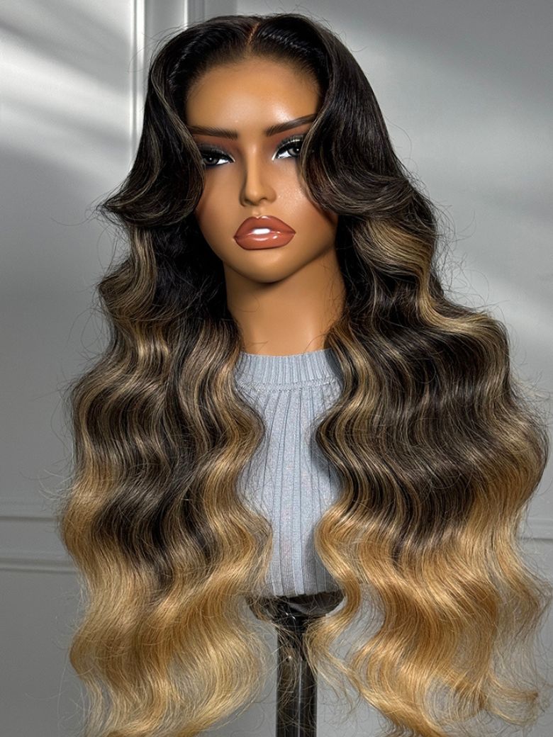 UNice Bye-Bye Knotsâ¢ Black With Blonde Highlights 7x5 Lace Loose Wave Wig With Face Framing Layers