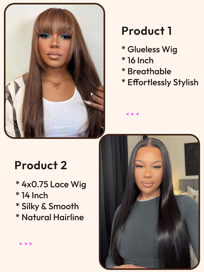 2 Wigs $99 for Glueless Wig With Bangs 16"" And Silk Straight 14"" Lace Wigs