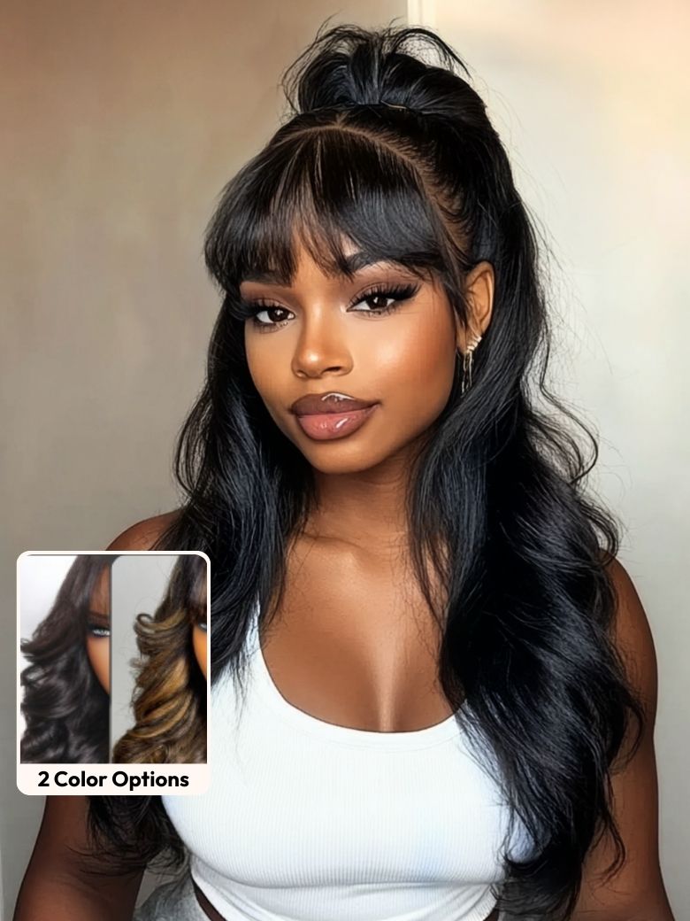UNice 7x5 Bye-Bye Knots 13x4 Pre-Everything Lace Frontal Pull And Go Black Fluffy Natural Loose Wave Curtain Bangs Wig with Invisi Drawstring 149$