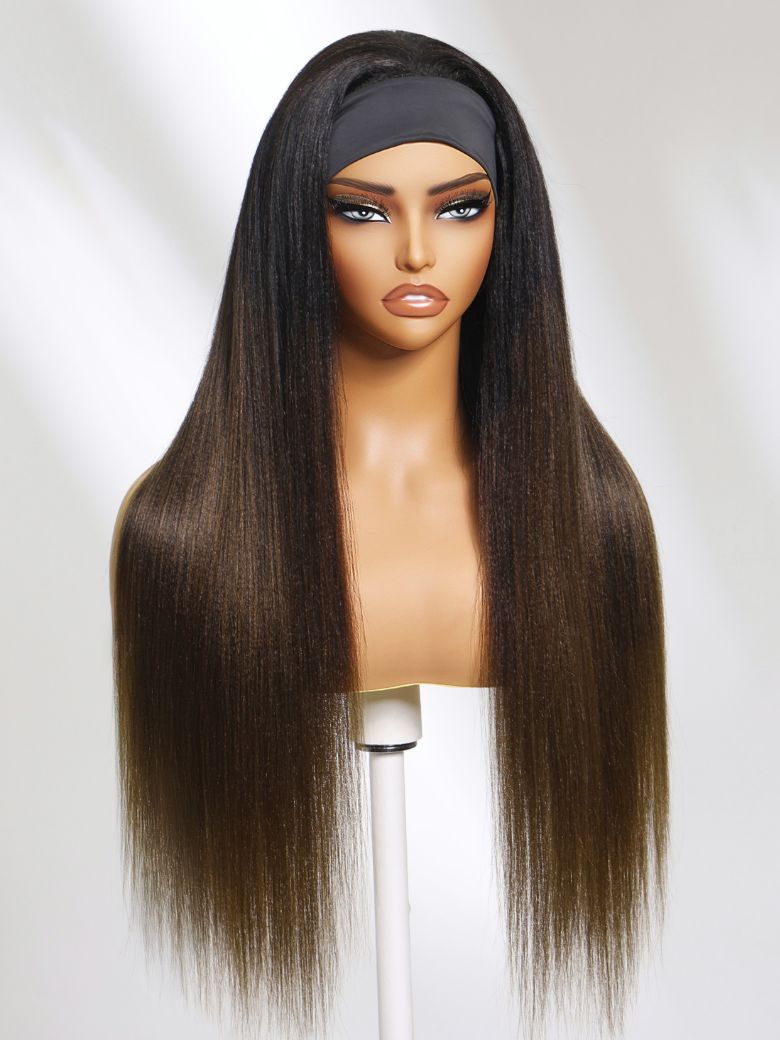 [From 20""]Low Maintenance Put On And Go Yaki Straight Headband Black To Chestnut Brown Ombre Human Hair Glueless Wig