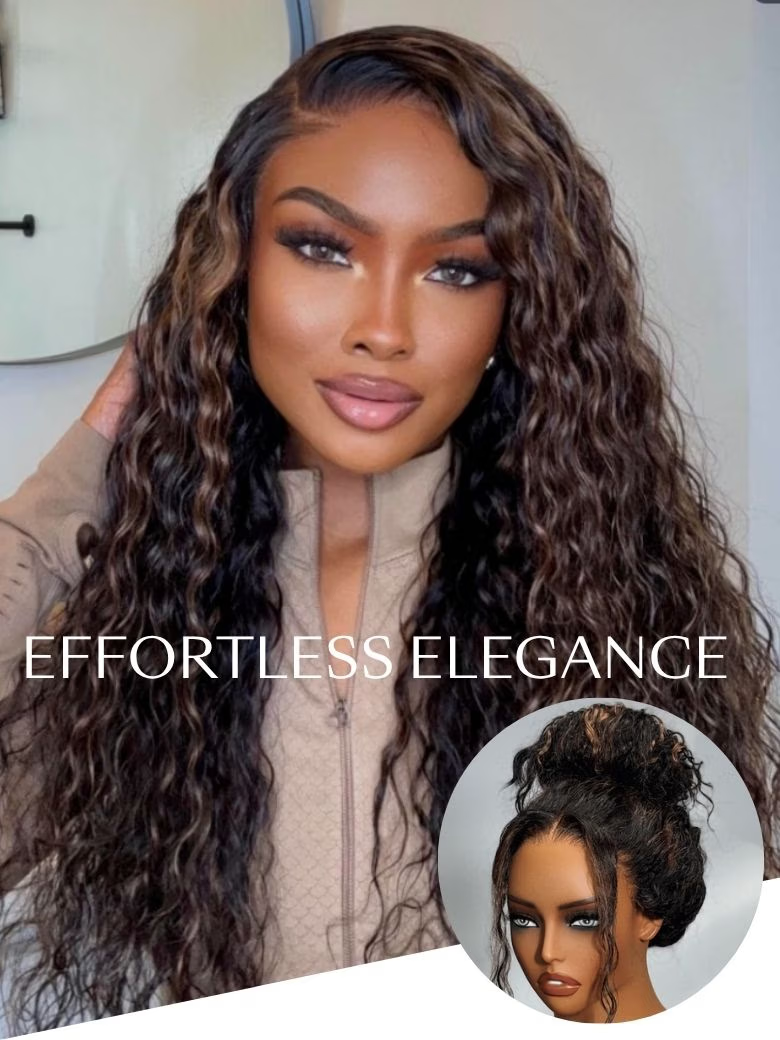 [$100-$50] UNice Bye-Bye Knots 7x5 Lace Water Wave Black Wig With Golden Brown Highlights & Natural Black